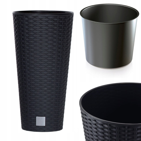 DRTUS200-S433 HOHER RATTAN BLUMENTOPF MIT EINSATZ ANTHRAZIT BLUMENTOPFDECKEL MIT EINSATZ RATO ROHR ANTHRAZIT