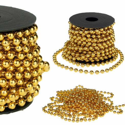 TG63190-2 Weihnachtsbaumkette, goldfarben, mit Perlenverzierung, Perlengirlande, Spule 5 m