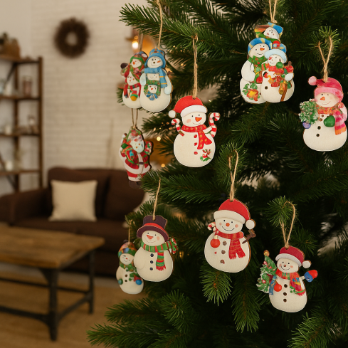 TG81338 SCHNEEMÄNNER ANHÄNGER HOLZKUGELN WEIHNACHTSDEKORATION