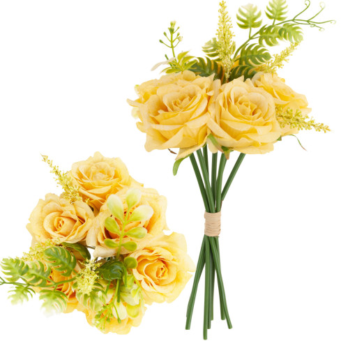 CV26932-2 STRAUSS ROSEN KÜNSTLICHE BLUMEN 6PCS SCHÖNE DICHTE ROSEN IN EINEM STRAUSS GELB WIE EIN LIVE-EIN