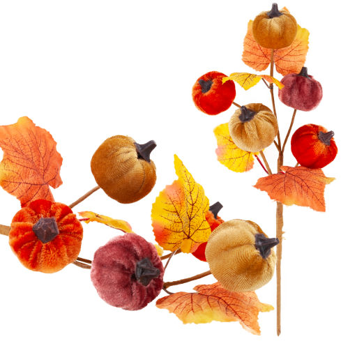 CV42322 Künstliche Kürbisse – Herbstzweig mit 5 Velours-Kürbissen und Blättern – Dekoration