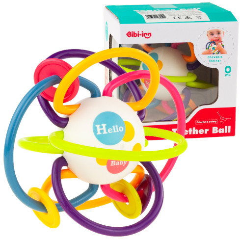 TG70286 Beißring, bunt, Rassel, Sensorikkugel, Spirale, Perlen, Ketten