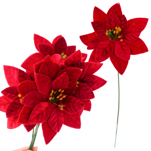 CV37274 Weihnachtssterne (Poinsettien) auf Stielen, 4 Stück – Weihnachtsdekorationen aus Velours