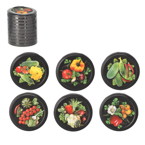 Set mit 10 Deckeln und Schraubverschlüssen, Durchmesser 82 mm, Gemüsemix, mattschwarz, CAPL82KPL014