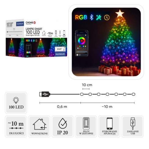 Smart-LED-Weihnachtsbaumbeleuchtung, 100 L, mehrfarbig, mit Fernbedienung, USB, 10 + 0,6 m