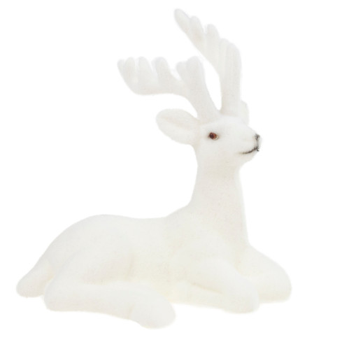 TG56926-1 RENTIER BEFLOCKT DEKORATIVE WEISSE VELOURSFIGUR WEIHNACHTSDEKORATION LIEGEND