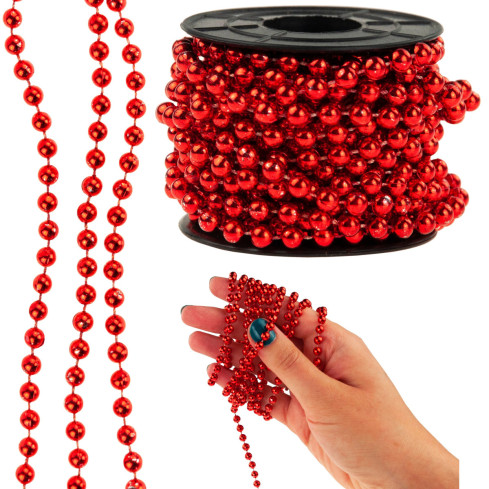 TG63190-3 Weihnachtsbaumkette, rot, mit Perlenverzierung, Perlengirlande, Spule 5 m