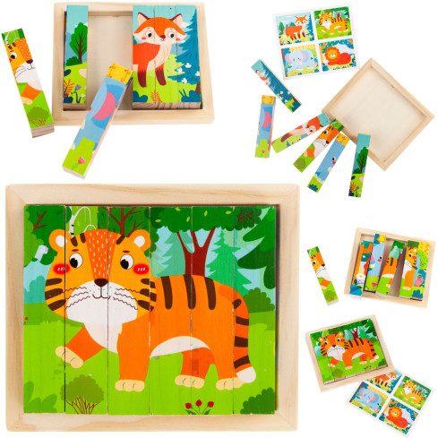 TG67009 Puzzle-Bausteine, Holzpuzzle, Tiere, 4-in-1, Zoo, Safari, Lernspiel