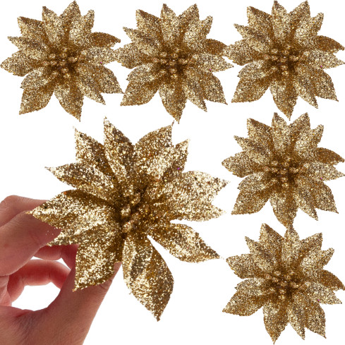 TG69142-3 Glitzerblumen, goldene Weihnachtssterne, Weihnachtsdekoration, Gesteck