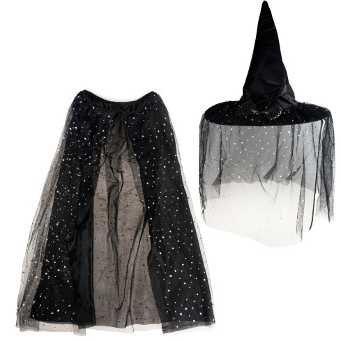 Hexenkostüm, schwarz, glänzend, für Mädchen, Hut und Umhang, Halloween-Kostüm, Set