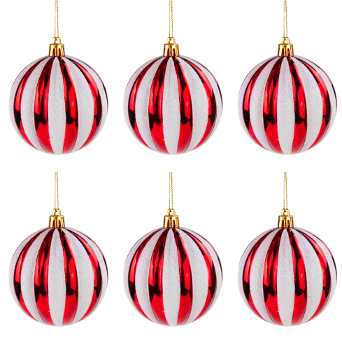 TG74380-1 Set mit 6 Christbaumkugeln, 8 cm – aus Kunststoff, rot-weiß mit Glitzer