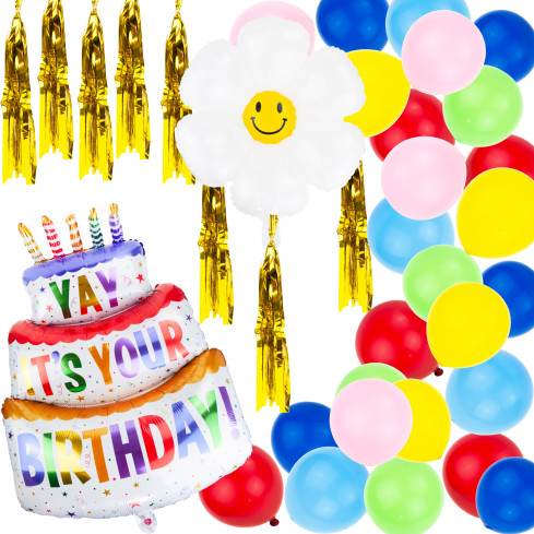 TG76541 BALLONGIRLANDE SET FOLIENBALLONS KUCHEN BLUME GEBURTSTAG QUASTEN