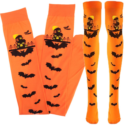Strümpfe, orange, Thema Halloween, mit Fledermäusen, für Party, 1 Paar