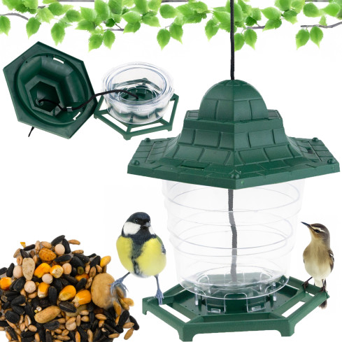 TG80444 Vogelfutterhäuschen für Körner und Futter, für das Fenster, transparent, mit Dach und Tränke