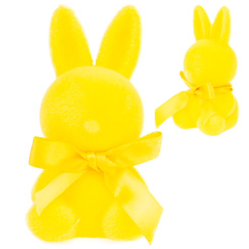 TG80610-3 Geflockter gelber Osterhase mit Satinschleife