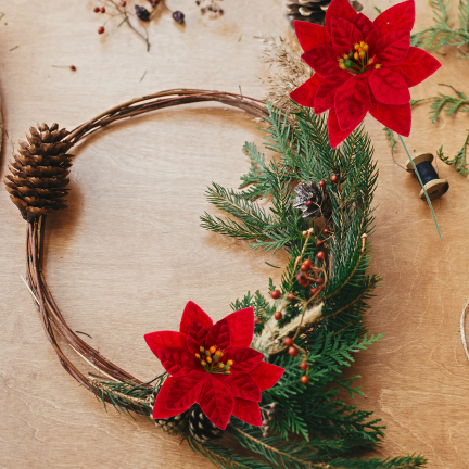 CV37274  Weihnachtssterne (Poinsettien) auf Stielen, 4 Stück – Weihnachtsdekorationen aus Velours