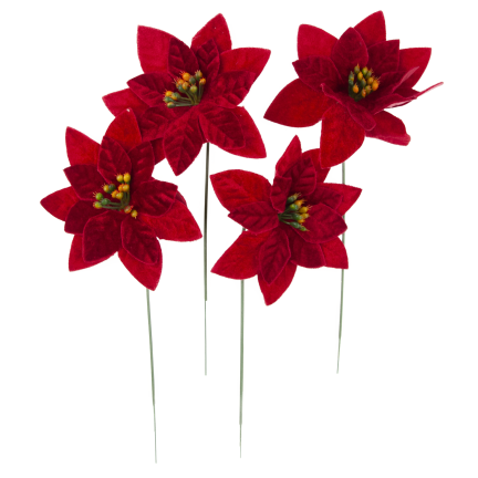CV37274  Weihnachtssterne (Poinsettien) auf Stielen, 4 Stück – Weihnachtsdekorationen aus Velours