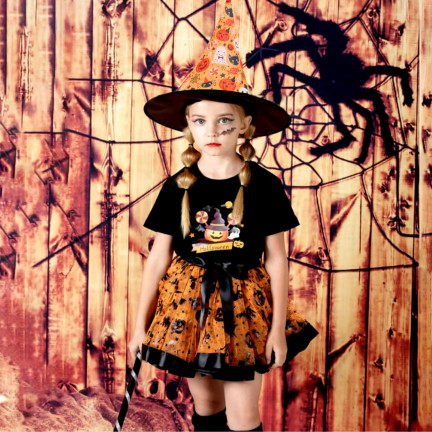 Hexenverkleidung, Zauberin Kostüm, orange und schwarz, für Mädchen, für Halloween Ball, Set