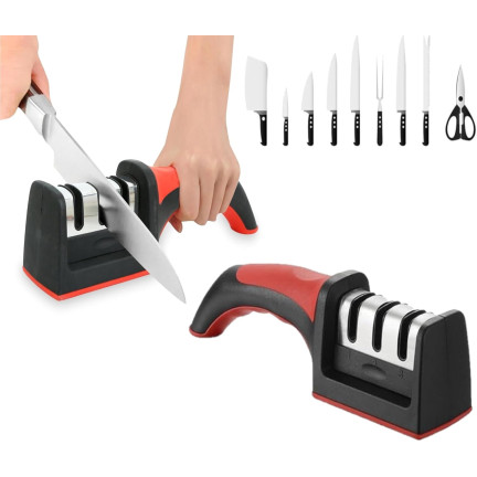 Messerschärfer für Küchenmesser, Schleifstein, dreiphasig, 3-in-1, schwarz