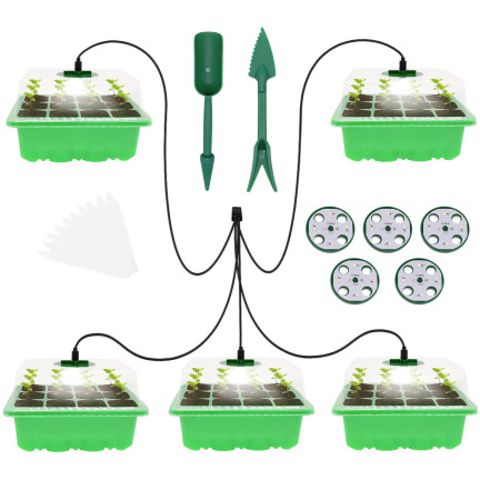 TG77615 Set aus 5 Mini-Setzlingsgewächshäusern mit LED-Beleuchtung, ideal für Keimung und Pflanzenwachstum, Startertrays
