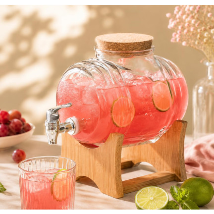 Skleněný sud, nádoba s kohoutkem, se stojanem, sud na whisky, limonádu, nápoje a vodu, 5 l