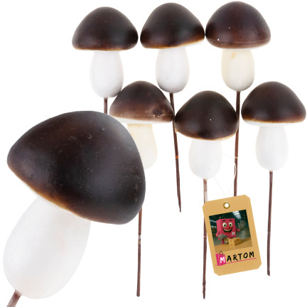 Dekorative Pilze auf Schirmen, Schaumstoff, braun und weiß, mit Draht, Satz von 6 Stück.