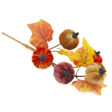 CV42322 Künstliche Kürbisse – Herbstzweig mit 5 Velours-Kürbissen und Blättern – Dekoration