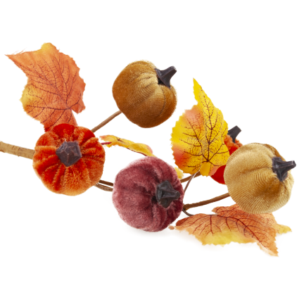 CV42322 Künstliche Kürbisse – Herbstzweig mit 5 Velours-Kürbissen und Blättern – Dekoration