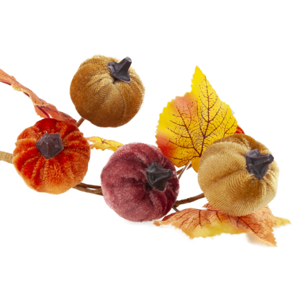 CV42322 Künstliche Kürbisse – Herbstzweig mit 5 Velours-Kürbissen und Blättern – Dekoration