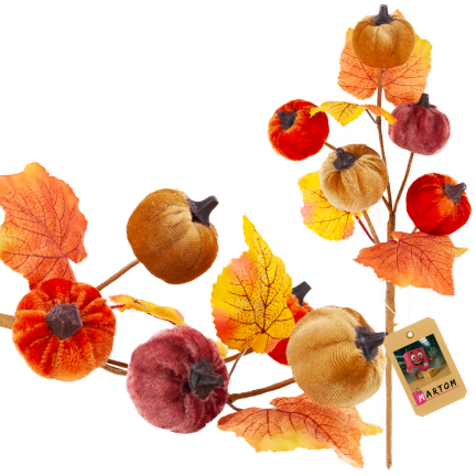 CV42322 Künstliche Kürbisse – Herbstzweig mit 5 Velours-Kürbissen und Blättern – Dekoration