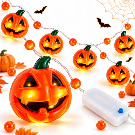 Halloween-Kürbisgirlande, orange, leuchtende LED-Lichterkette in Kürbisform, 5 Stück, Länge 110 cm