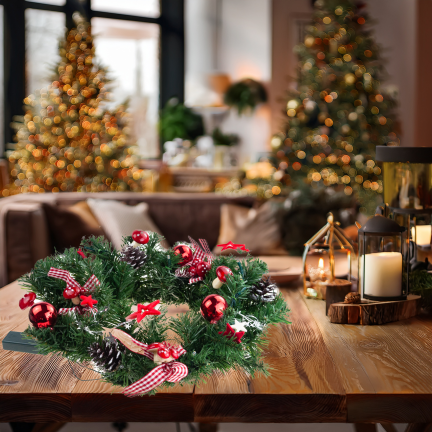 GOS0790 Weihnachtskranz, Weihnachtsgirlande, 15 LEDs, 40 cm, rot-weiß