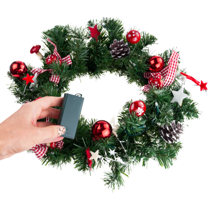 GOS0790 Weihnachtskranz, Weihnachtsgirlande, 15 LEDs, 40 cm, rot-weiß