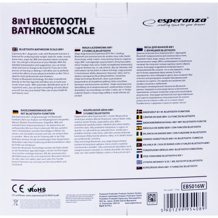EBS016W ESPERANZA 8IN1 BADEZIMMERWAAGE MIT
BLUETOOTH-FUNKTION B.FIT WEISS