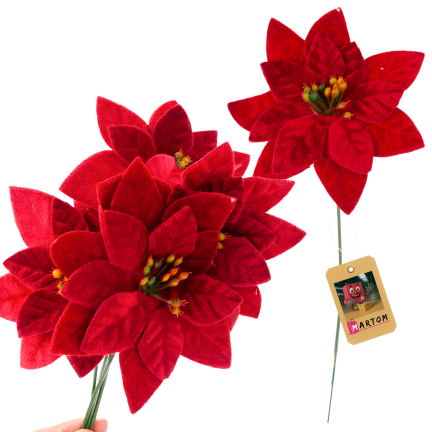 CV37274  Weihnachtssterne (Poinsettien) auf Stielen, 4 Stück – Weihnachtsdekorationen aus Velours