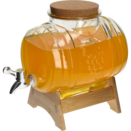 Skleněný sud, nádoba s kohoutkem, se stojanem, nádoba na whisky, limonádu, nápoje a vodu, 3 l