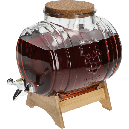 Skleněný sud, nádoba s kohoutkem, se stojanem, sud na whisky, limonádu, nápoje a vodu, 5 l
