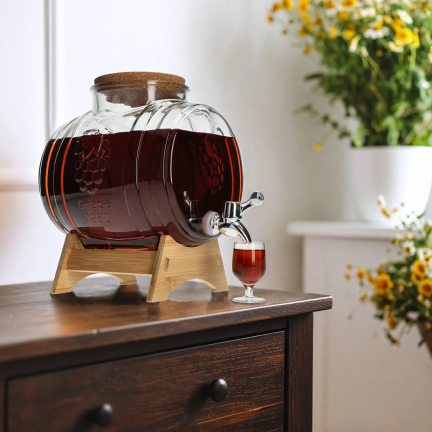 Skleněný sud, nádoba s kohoutkem, se stojanem, nádoba na whisky, limonádu, nápoje a vodu, 3 l