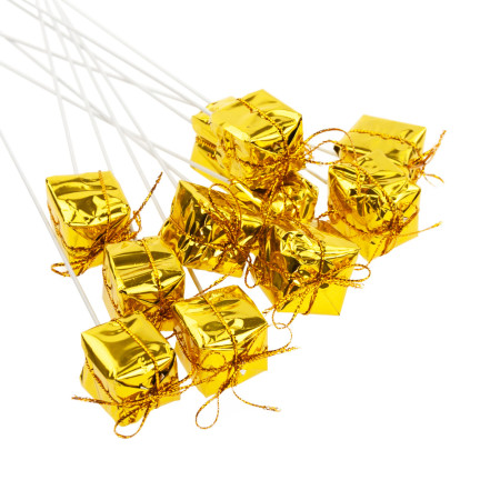 TG33329-2 GESCHENKE AUF GEFIEDERTEM DRAHT 12 STÜCK GOLD WEIHNACHTSDEKORATION