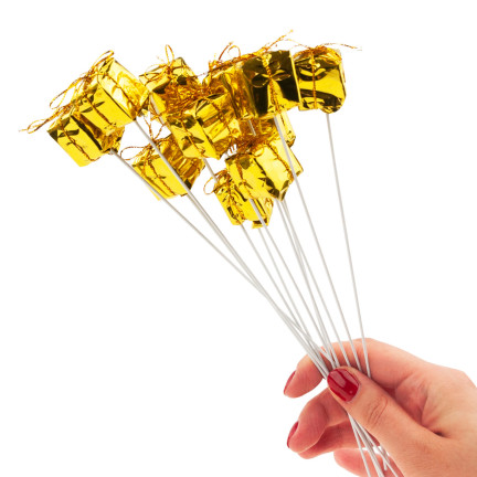 TG33329-2 GESCHENKE AUF GEFIEDERTEM DRAHT 12 STÜCK GOLD WEIHNACHTSDEKORATION