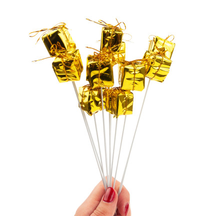 TG33329-2 GESCHENKE AUF GEFIEDERTEM DRAHT 12 STÜCK GOLD WEIHNACHTSDEKORATION