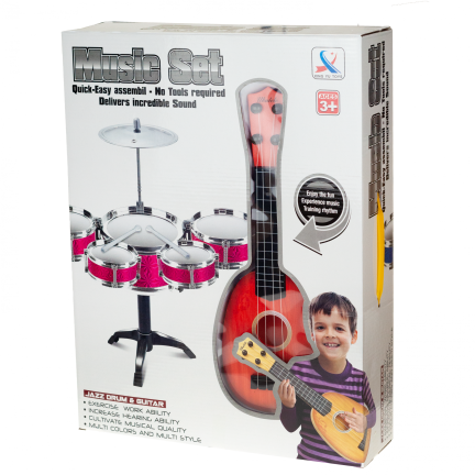 TG55528 Schlagzeug + Gitarre Musikset mit Ukulele, Trommeln, Becken und Trommelstöcken für Kinder