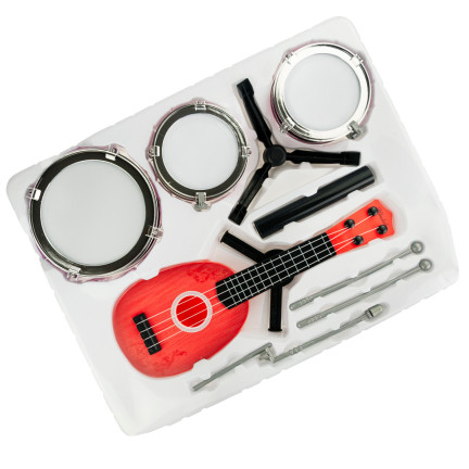TG55528 Schlagzeug + Gitarre Musikset mit Ukulele, Trommeln, Becken und Trommelstöcken für Kinder