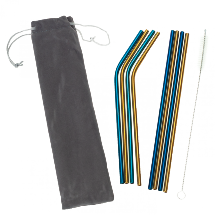 TG55948 METALL STROHHALME X8 ÖKO WIEDERVERWENDBARE REINIGUNG ETUI BLAU-GOLD