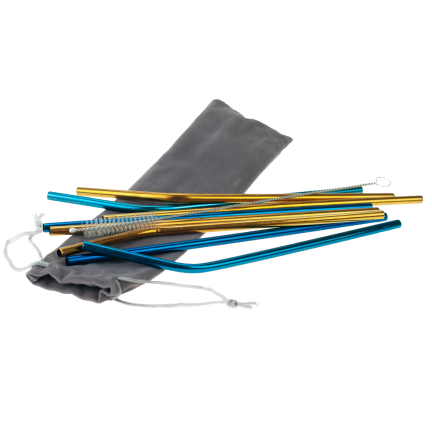 TG55948 METALL STROHHALME X8 ÖKO WIEDERVERWENDBARE REINIGUNG ETUI BLAU-GOLD