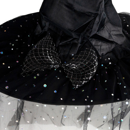 Hexenkostüm, schwarz, glänzend, für Mädchen, Hut und Umhang, Halloween-Kostüm, Set