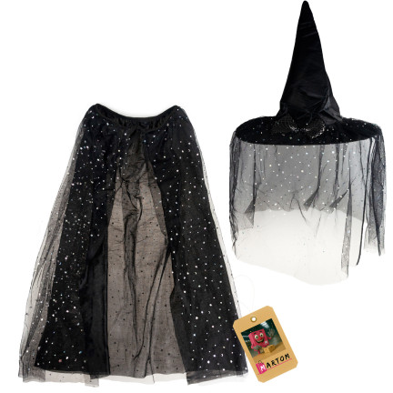 Hexenkostüm, schwarz, glänzend, für Mädchen, Hut und Umhang, Halloween-Kostüm, Set