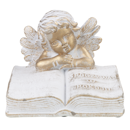 TG70369 – Betonfigur für den Friedhof: Engel auf einem Buch mit der Aufschrift „Ruhe in Frieden“