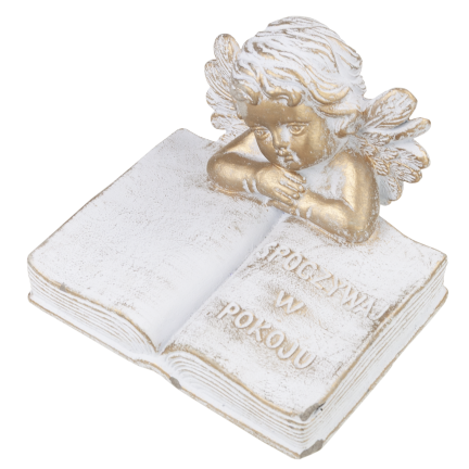 TG70369 – Betonfigur für den Friedhof: Engel auf einem Buch mit der Aufschrift „Ruhe in Frieden“