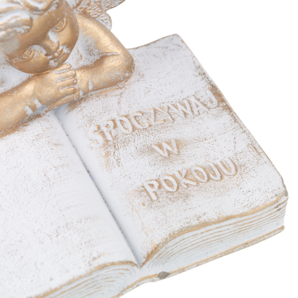 TG70369 – Betonfigur für den Friedhof: Engel auf einem Buch mit der Aufschrift „Ruhe in Frieden“